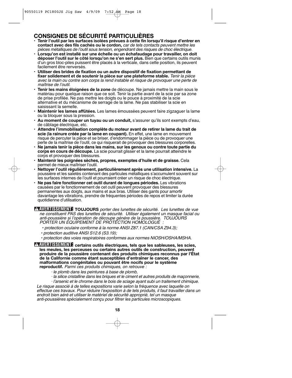 Consignes de sécurité particulières | Porter-Cable PC1800JS User Manual | Page 18 / 44