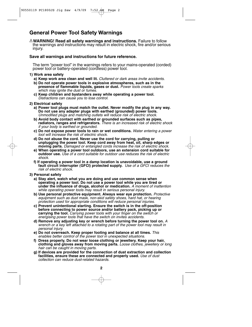 General power tool safety warnings | Porter-Cable PC1800JS User Manual | Page 2 / 44