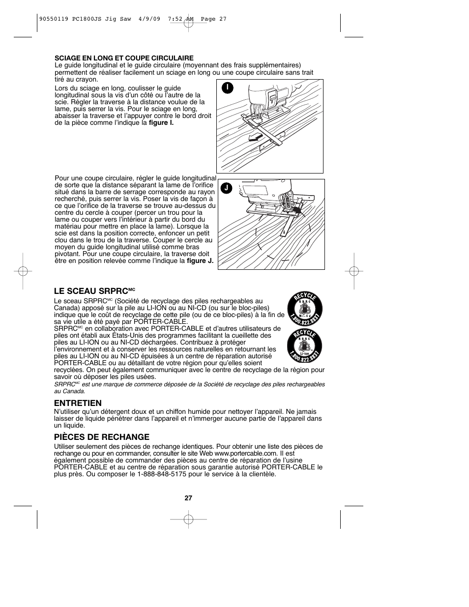 Le sceau srprc, Entretien, Pièces de rechange | Porter-Cable PC1800JS User Manual | Page 27 / 44