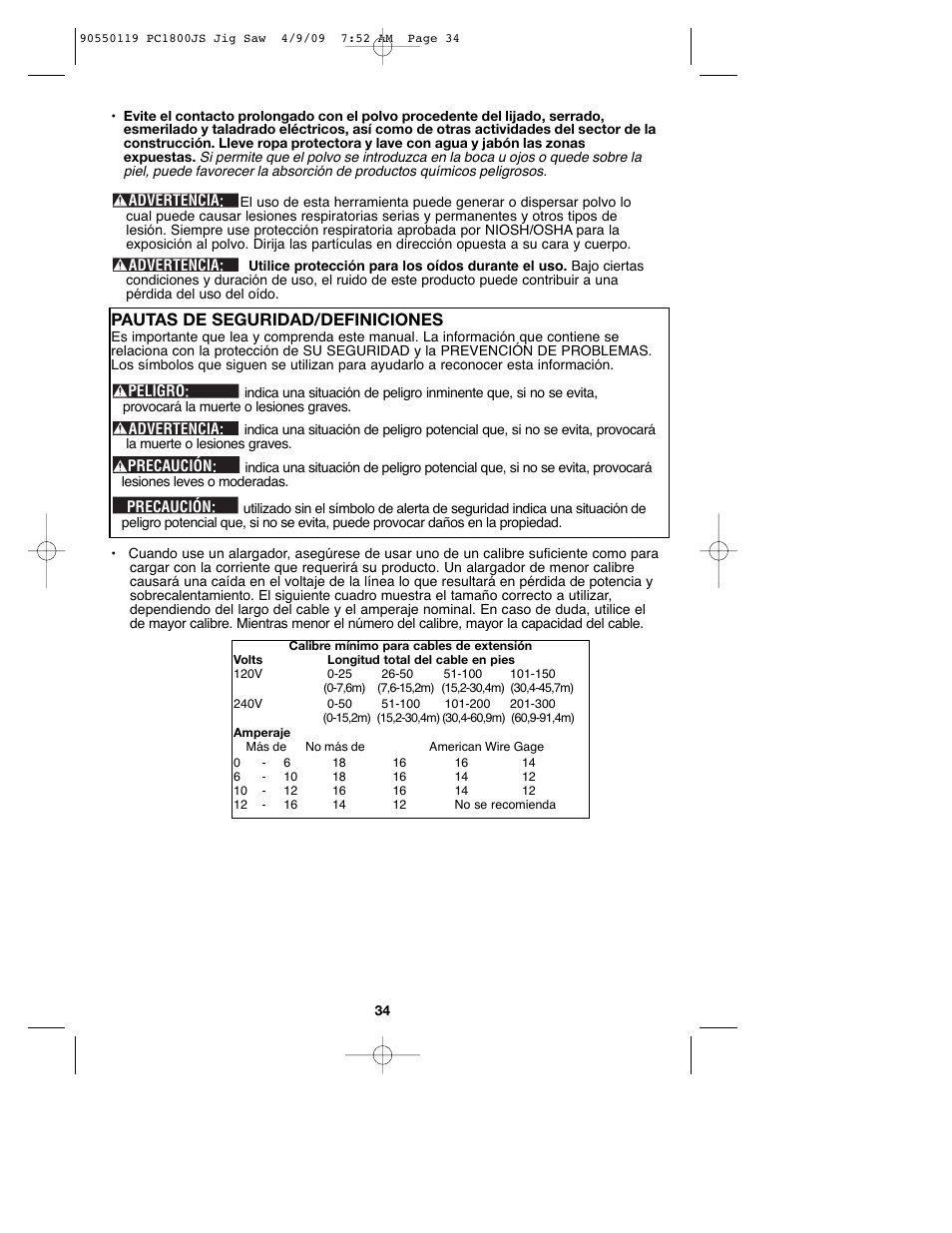 Pautas de seguridad/definiciones | Porter-Cable PC1800JS User Manual | Page 34 / 44