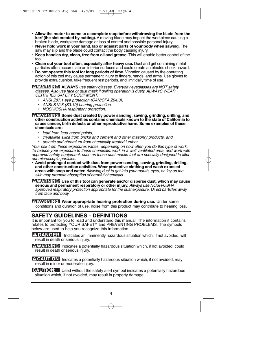 Safety guidelines - definitions | Porter-Cable PC1800JS User Manual | Page 4 / 44