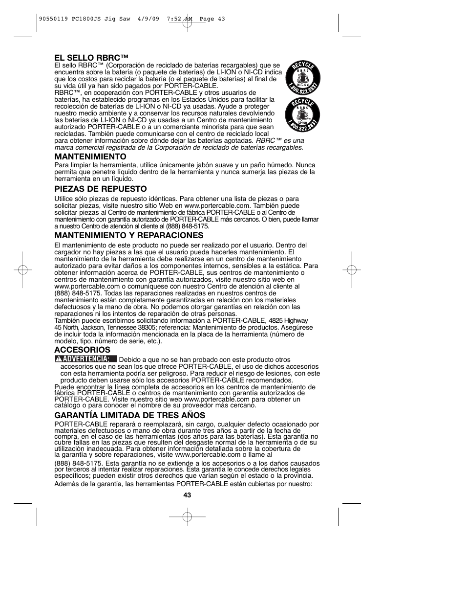 Porter-Cable PC1800JS User Manual | Page 43 / 44