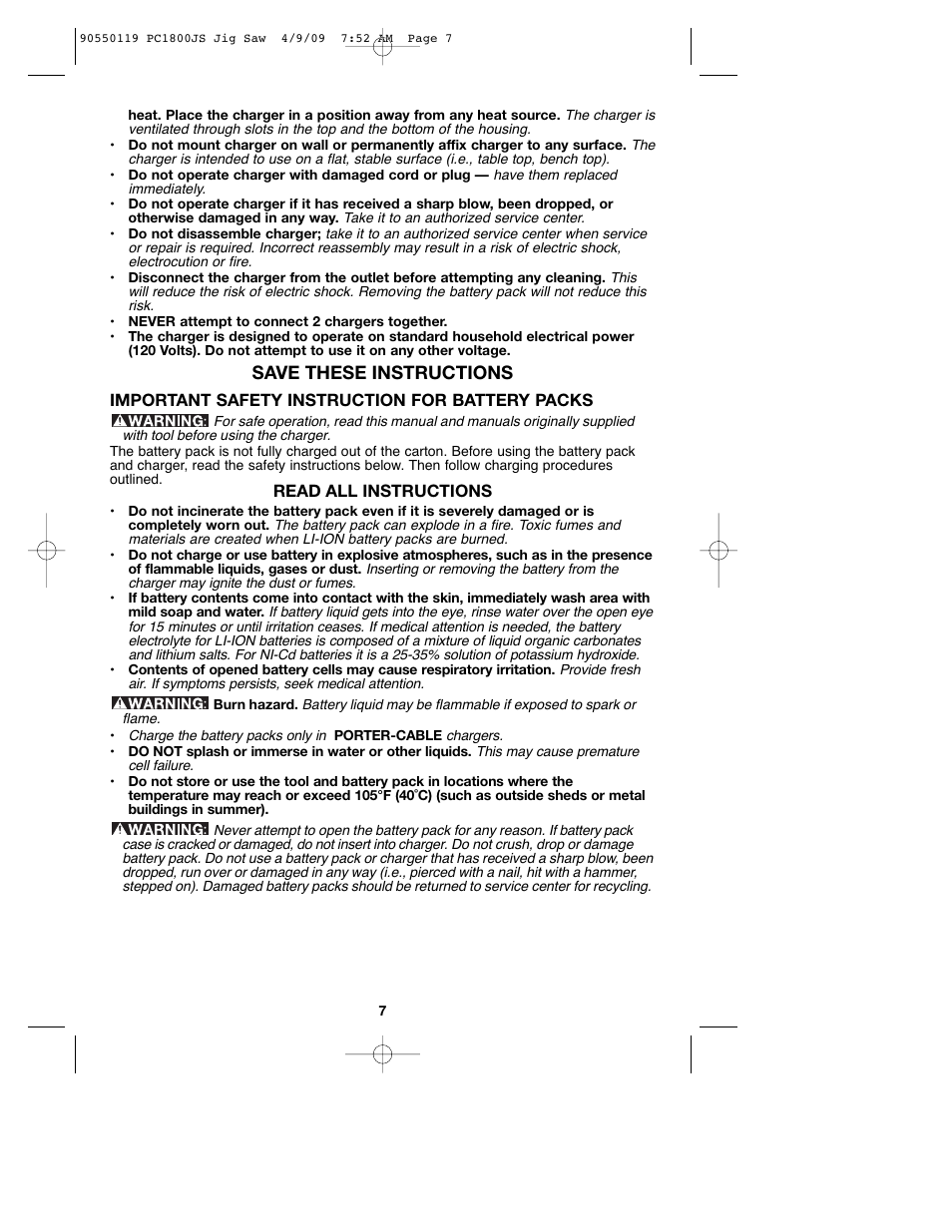 Save these instructions | Porter-Cable PC1800JS User Manual | Page 7 / 44