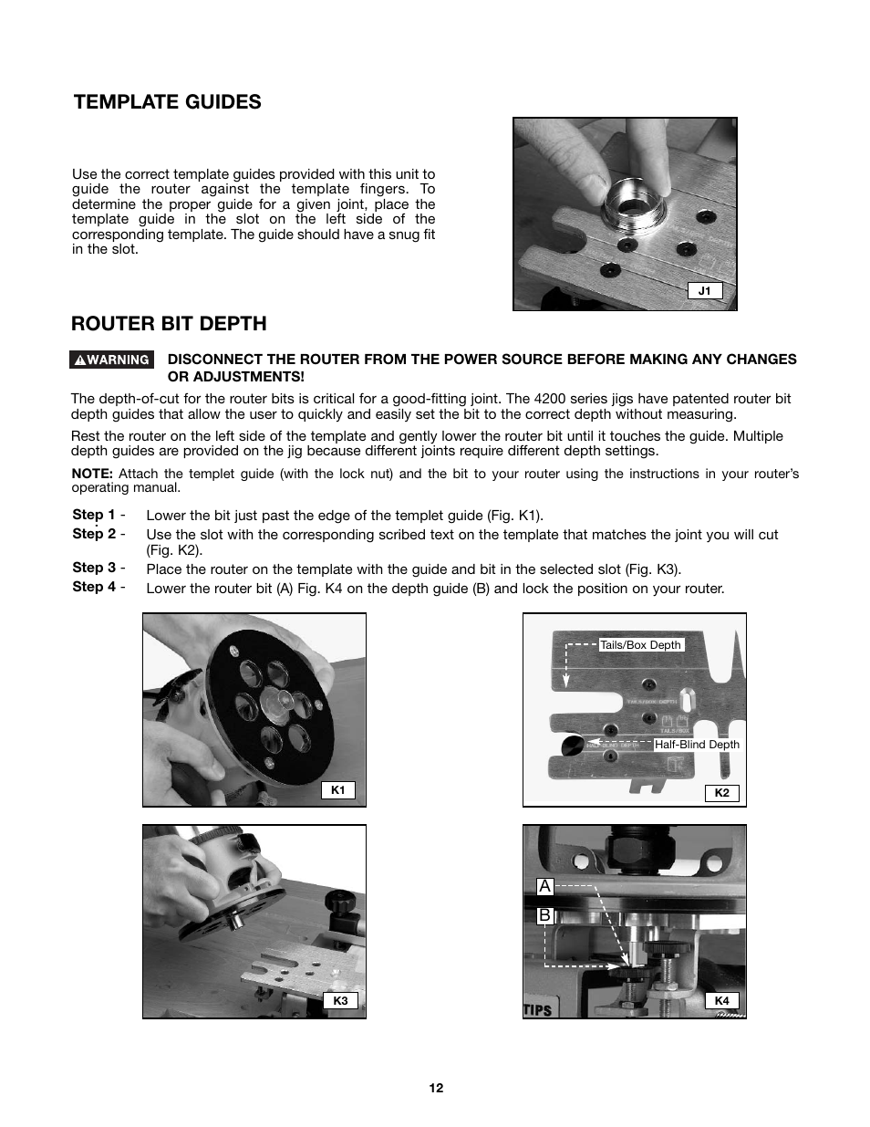 Template guides router bit depth | Porter-Cable 4210 User Manual | Page 12 / 27