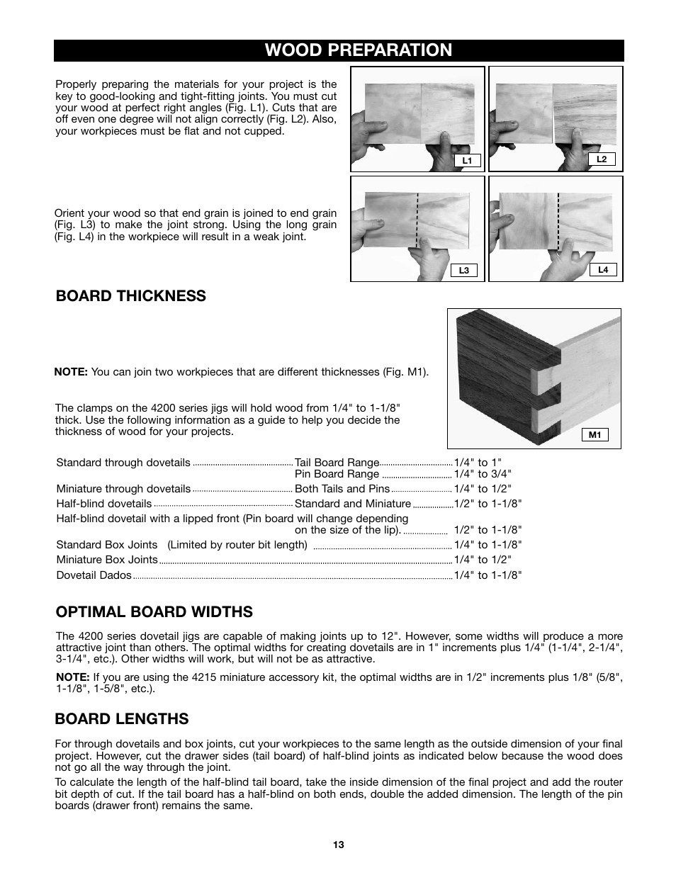 Wood preparation, Optimal board widths, Board lengths | Board thickness | Porter-Cable 4210 User Manual | Page 13 / 27