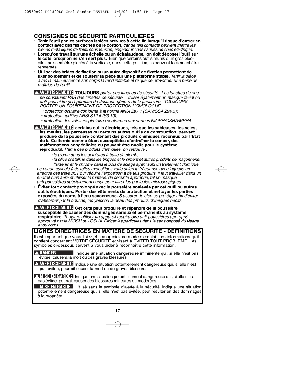 Consignes de sécurité particulières | Porter-Cable 90550099 User Manual | Page 17 / 44