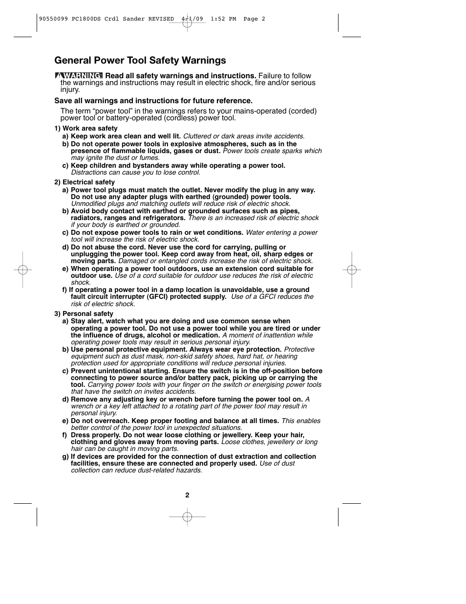 General power tool safety warnings | Porter-Cable 90550099 User Manual | Page 2 / 44