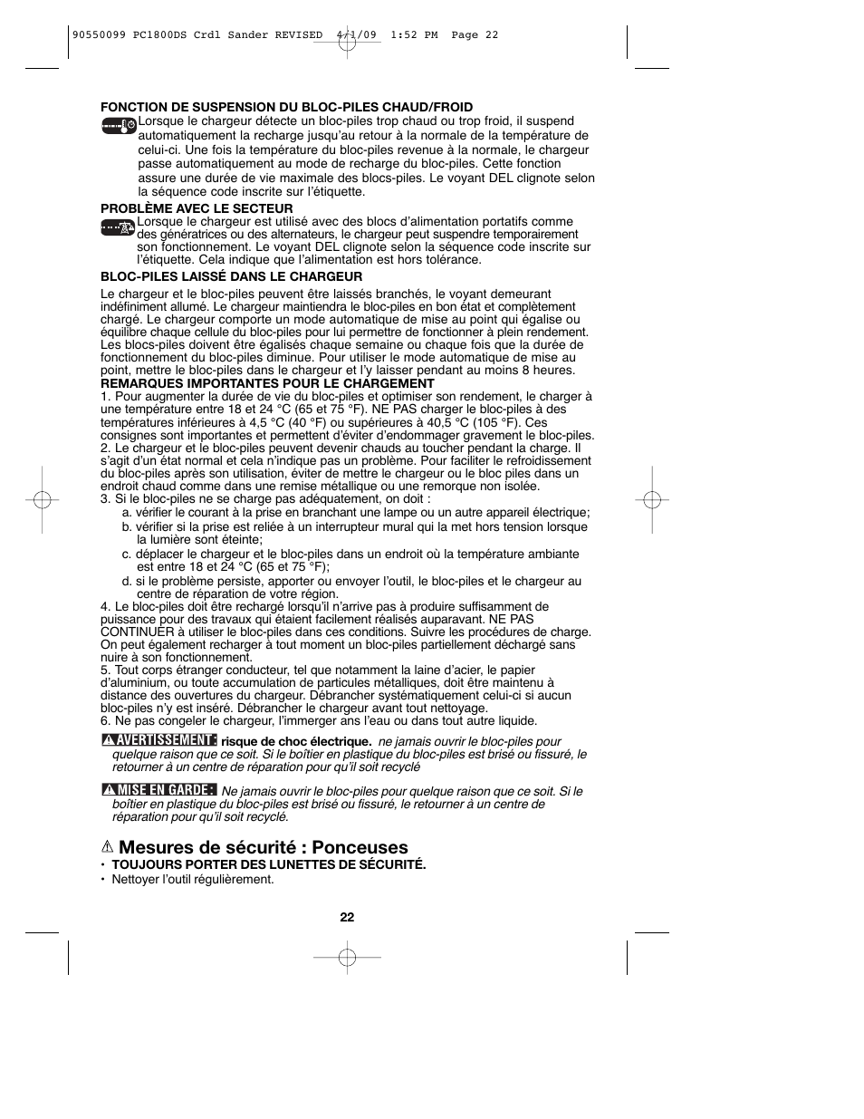 Mesures de sécurité : ponceuses | Porter-Cable 90550099 User Manual | Page 22 / 44