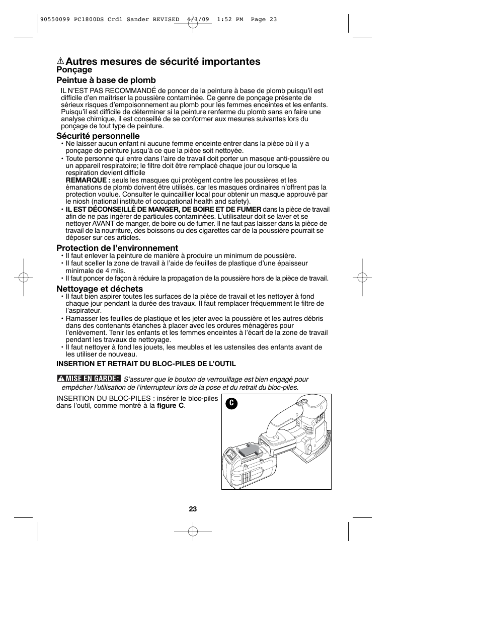 Autres mesures de sécurité importantes | Porter-Cable 90550099 User Manual | Page 23 / 44