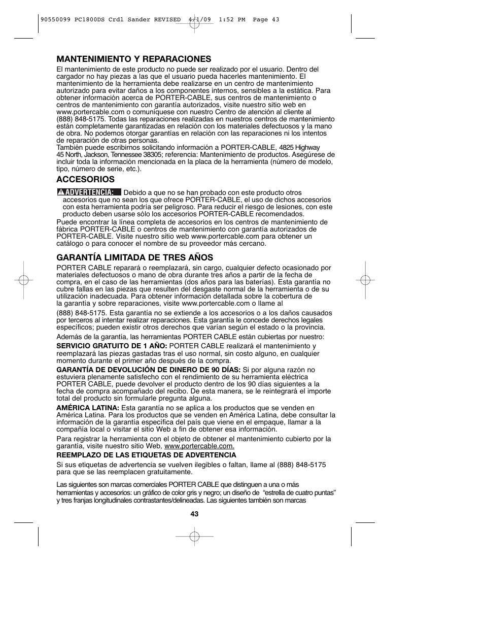 Porter-Cable 90550099 User Manual | Page 43 / 44