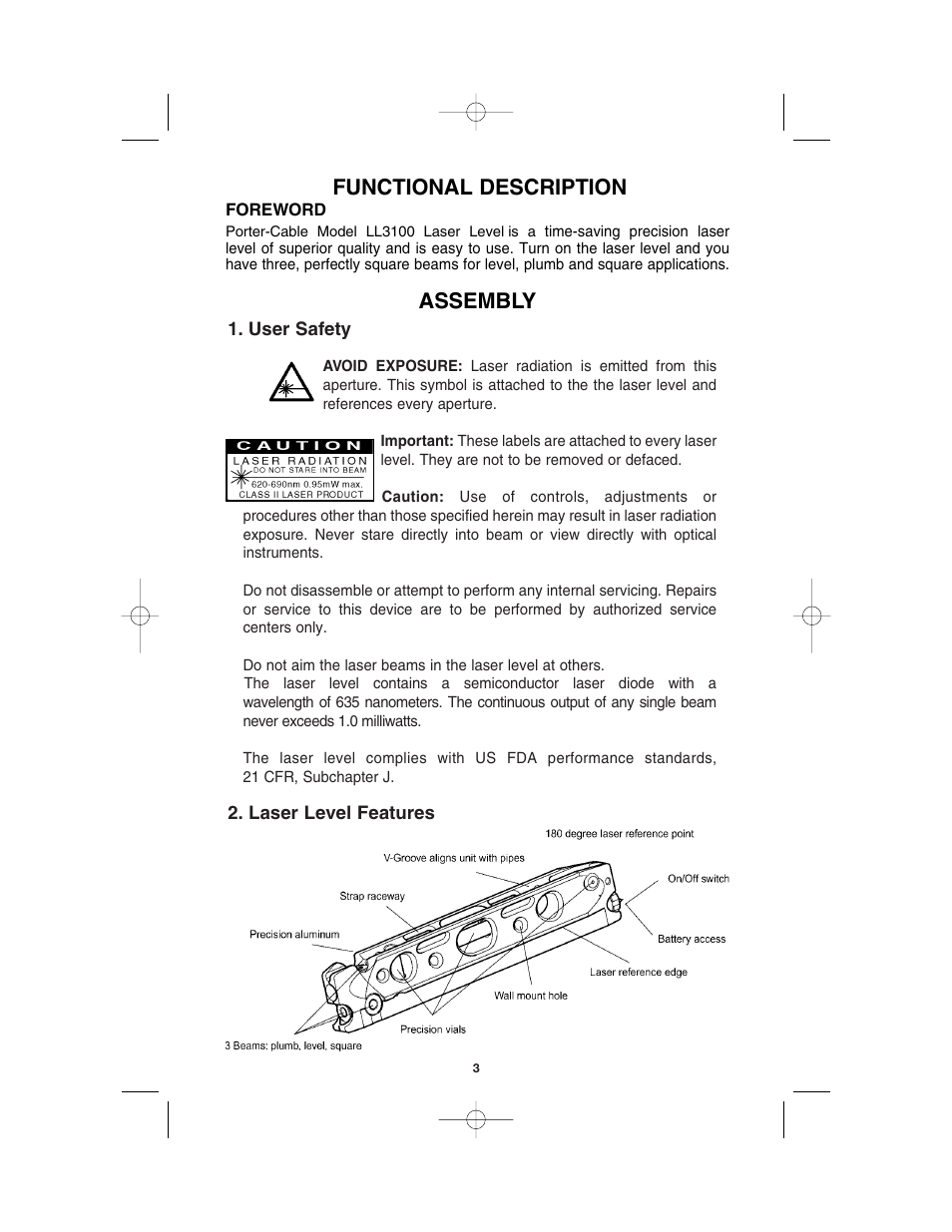 Functional description, Assembly | Porter-Cable LL3100 User Manual | Page 3 / 9