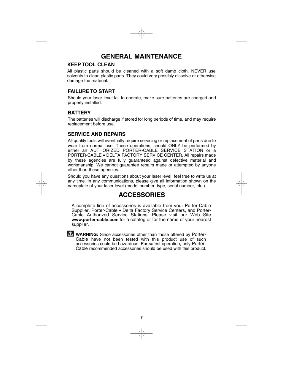 Accessories, General maintenance | Porter-Cable LL3100 User Manual | Page 7 / 9