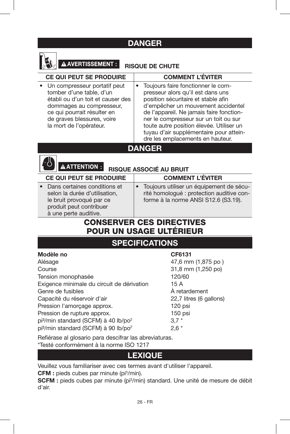 Danger, Lexique | Porter-Cable CF6131 User Manual | Page 26 / 64