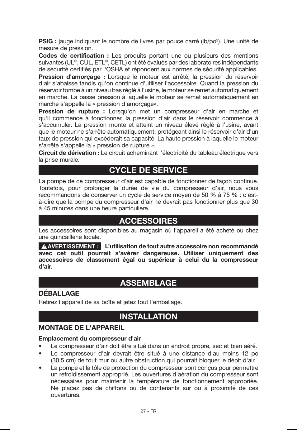 Cycle de service, Accessoires, Assemblage | Installation | Porter-Cable CF6131 User Manual | Page 27 / 64