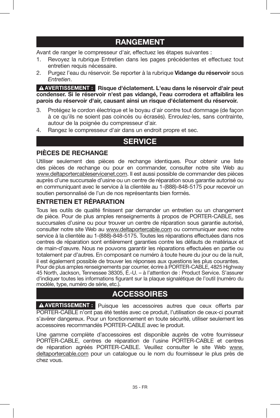 Rangement, Service, Accessoires | Porter-Cable CF6131 User Manual | Page 35 / 64