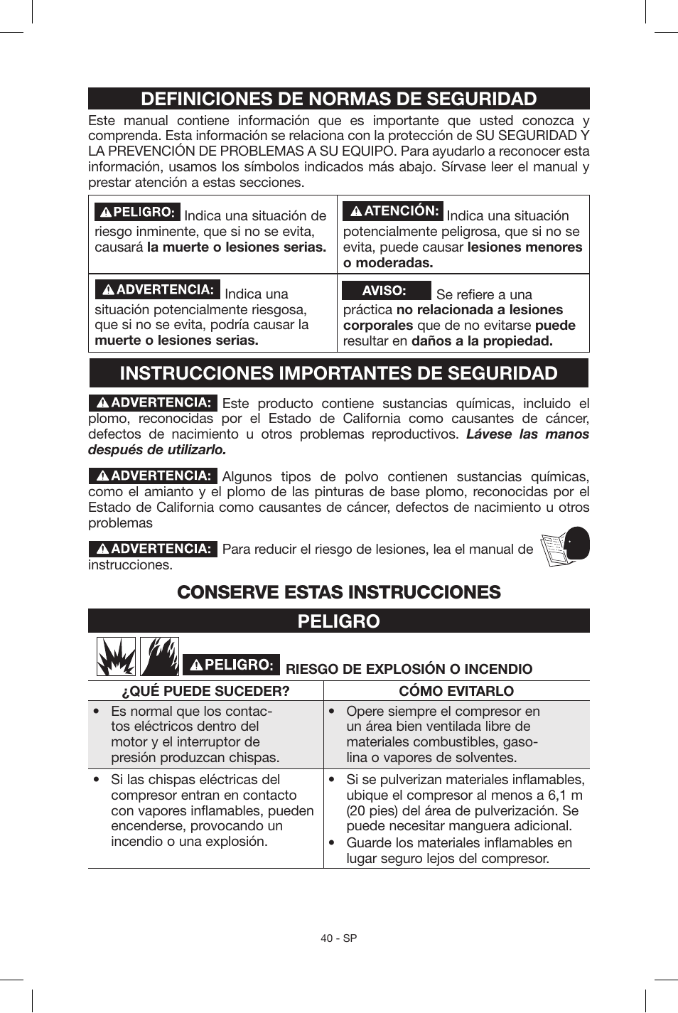 Definiciones de normas de seguridad, Instrucciones importantes de seguridad, Conserve estas instrucciones peligro | Porter-Cable CF6131 User Manual | Page 40 / 64