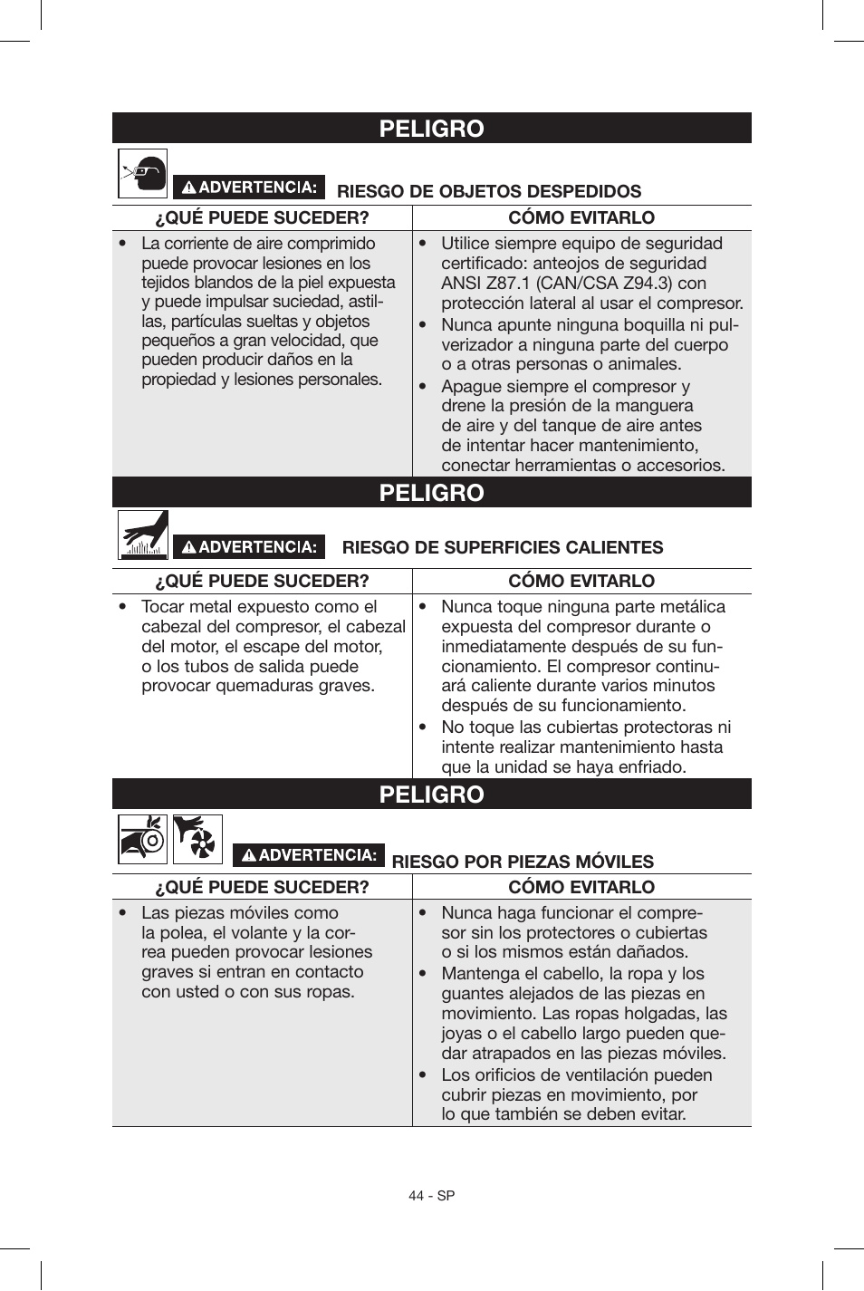 Peligro | Porter-Cable CF6131 User Manual | Page 44 / 64