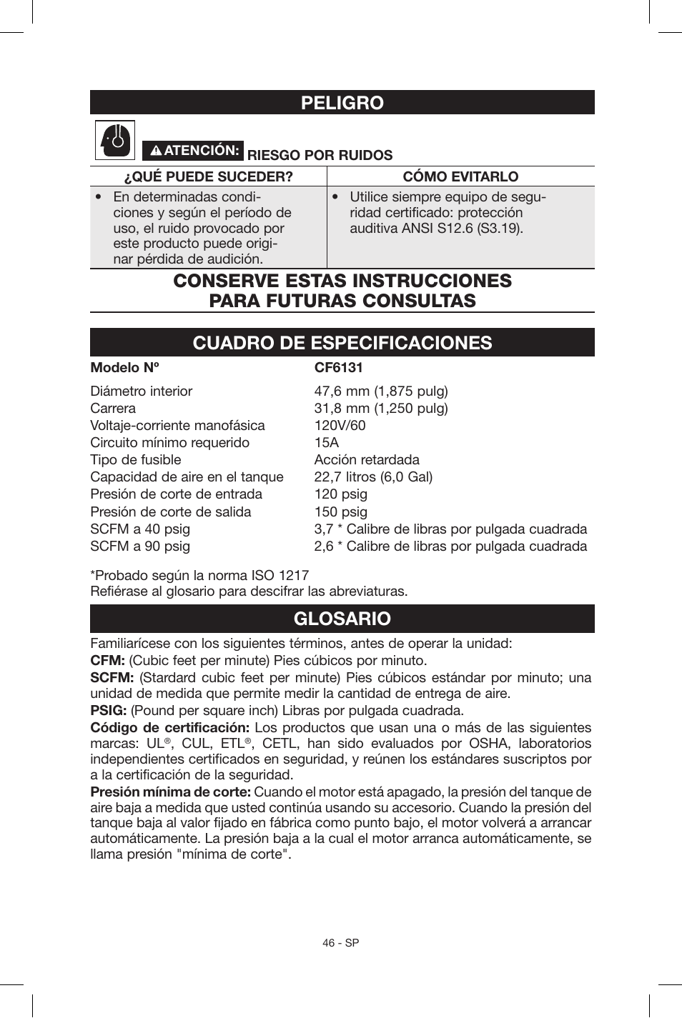 Peligro, Cuadro de especificaciones, Glosario | Porter-Cable CF6131 User Manual | Page 46 / 64