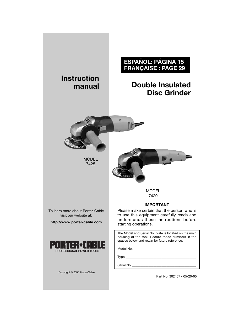 Porter-Cable 7425 User Manual | 44 pages