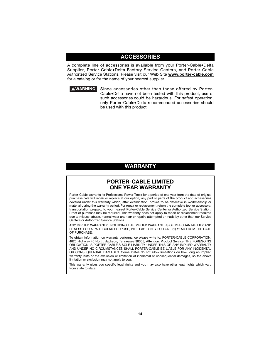 Accessories, Porter-cable limited one year warranty, Warranty | Porter-Cable 7425 User Manual | Page 14 / 44