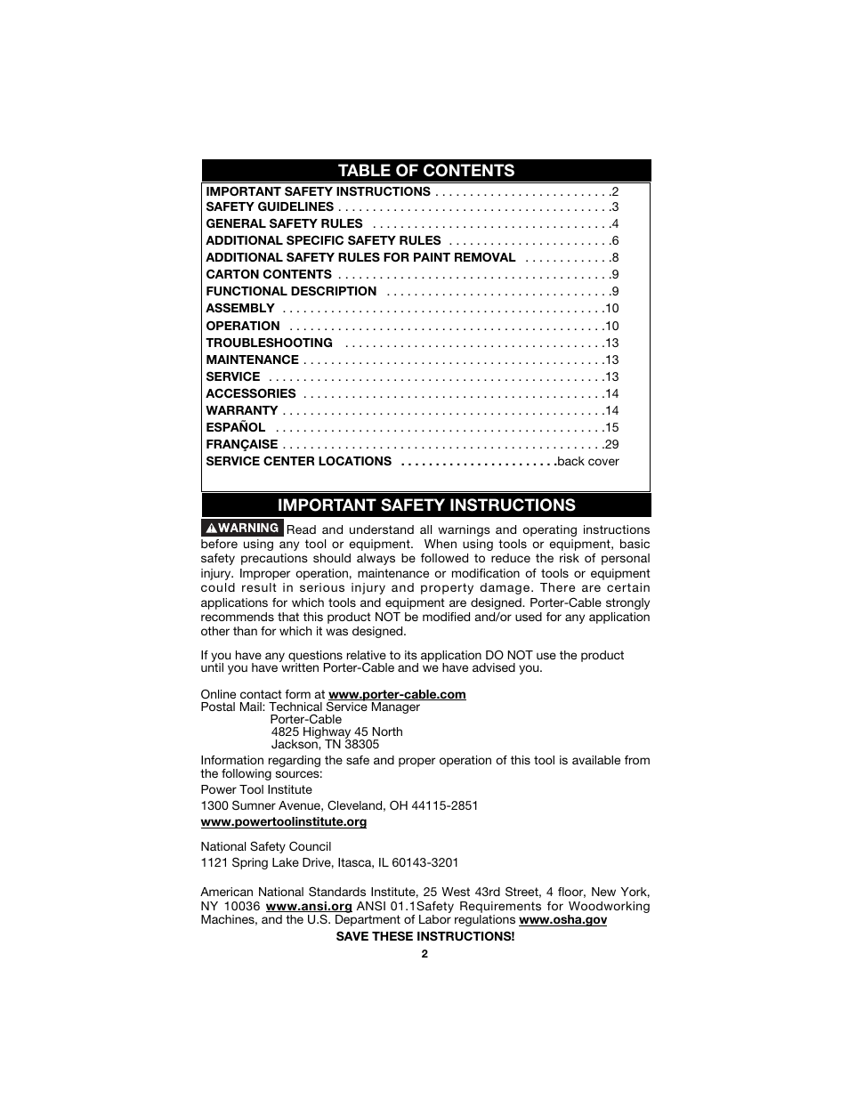 Table of contents important safety instructions | Porter-Cable 7425 User Manual | Page 2 / 44