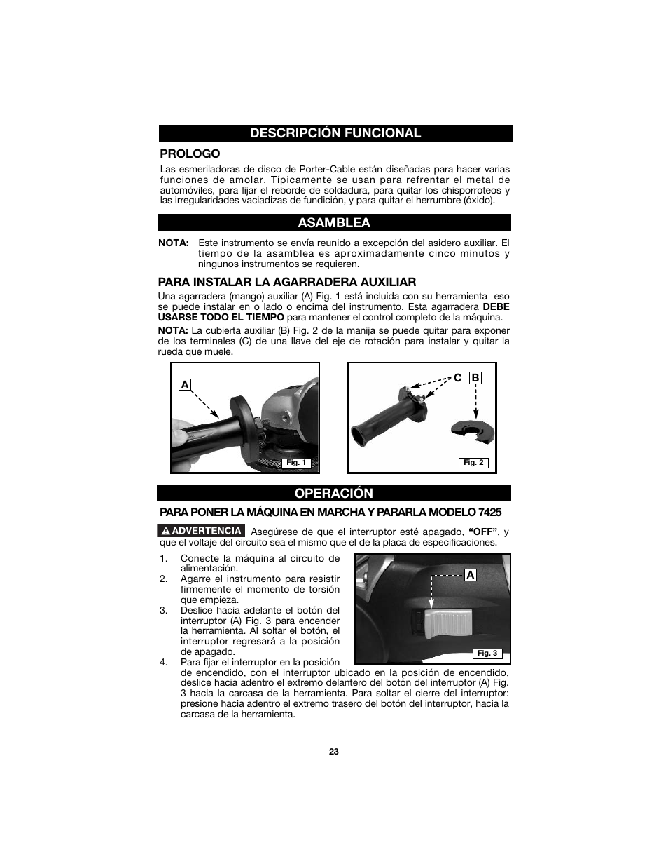 Descripción funcional, Asamblea, Operación | Porter-Cable 7425 User Manual | Page 23 / 44