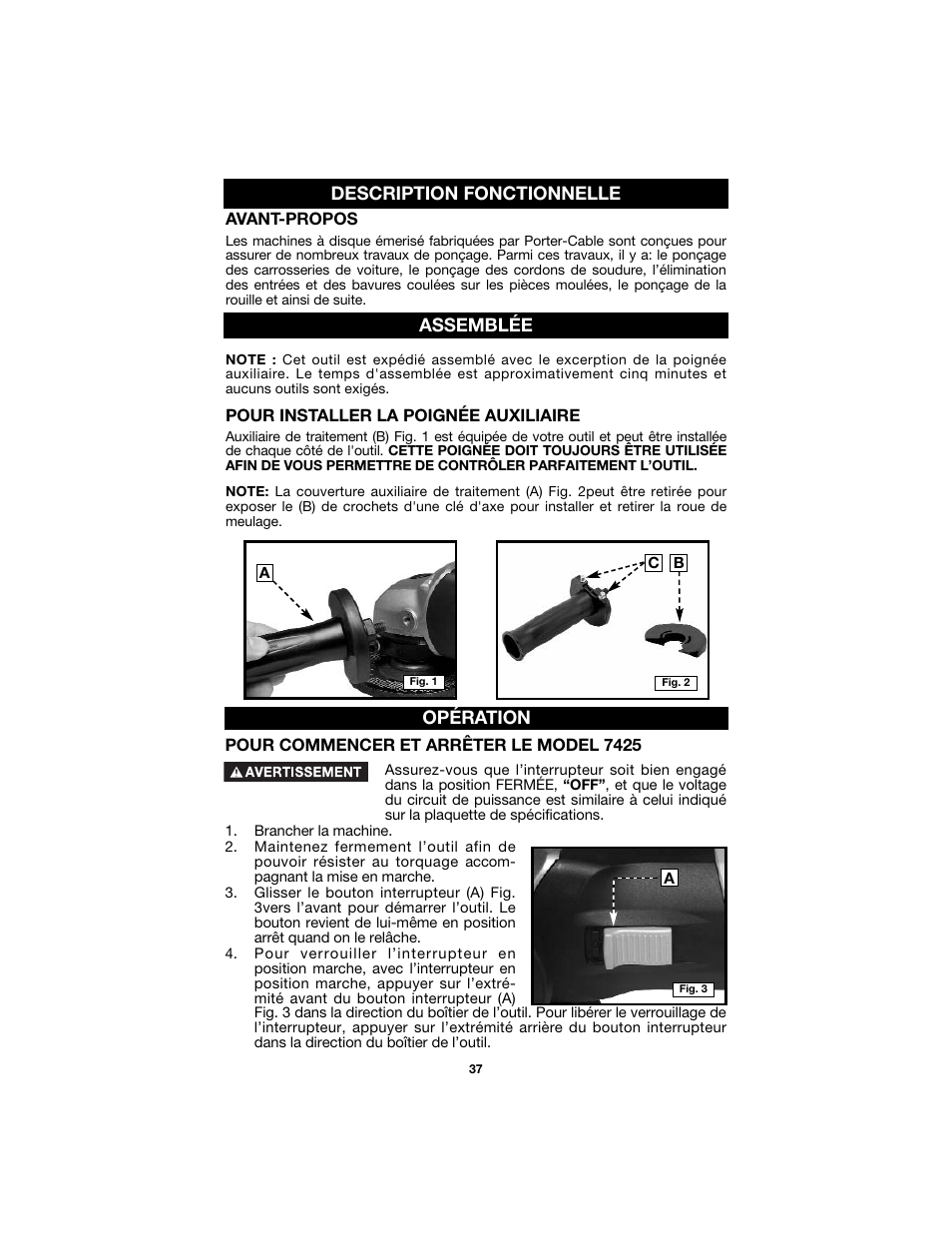 Description fonctionnelle, Assemblée, Opération | Porter-Cable 7425 User Manual | Page 37 / 44