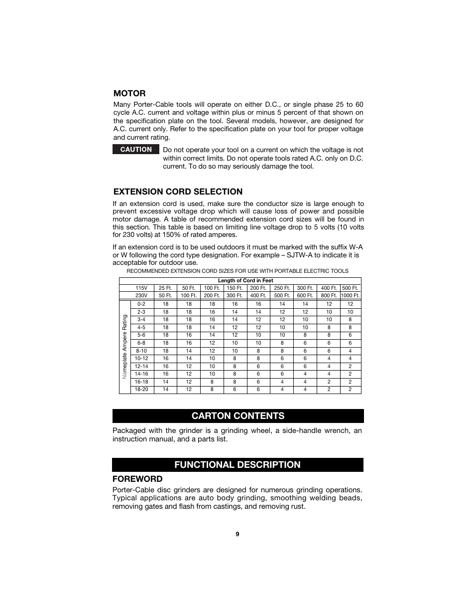 Functional description carton contents, Foreword, Extension cord selection motor | Porter-Cable 7425 User Manual | Page 9 / 44