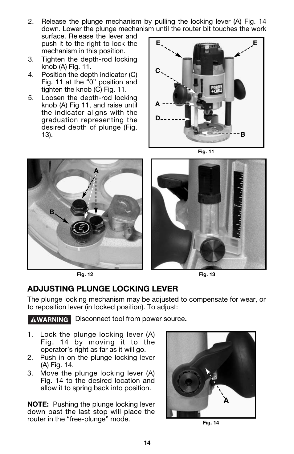 Adjusting plunge locking lever | Porter-Cable 891 User Manual | Page 14 / 23