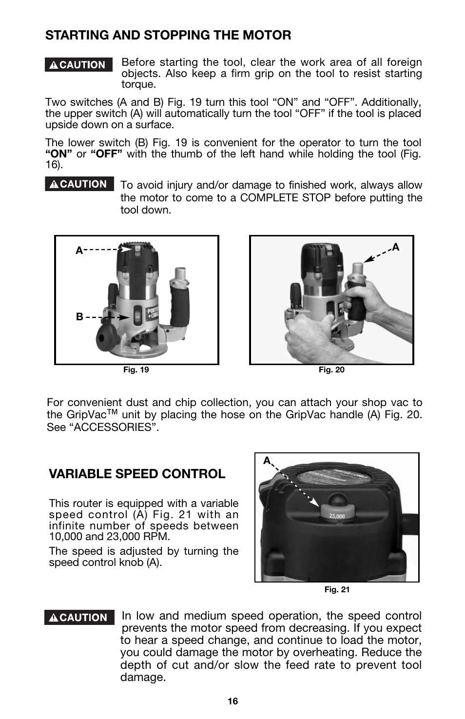 Starting and stopping the motor, Variable speed control | Porter-Cable 891 User Manual | Page 16 / 23