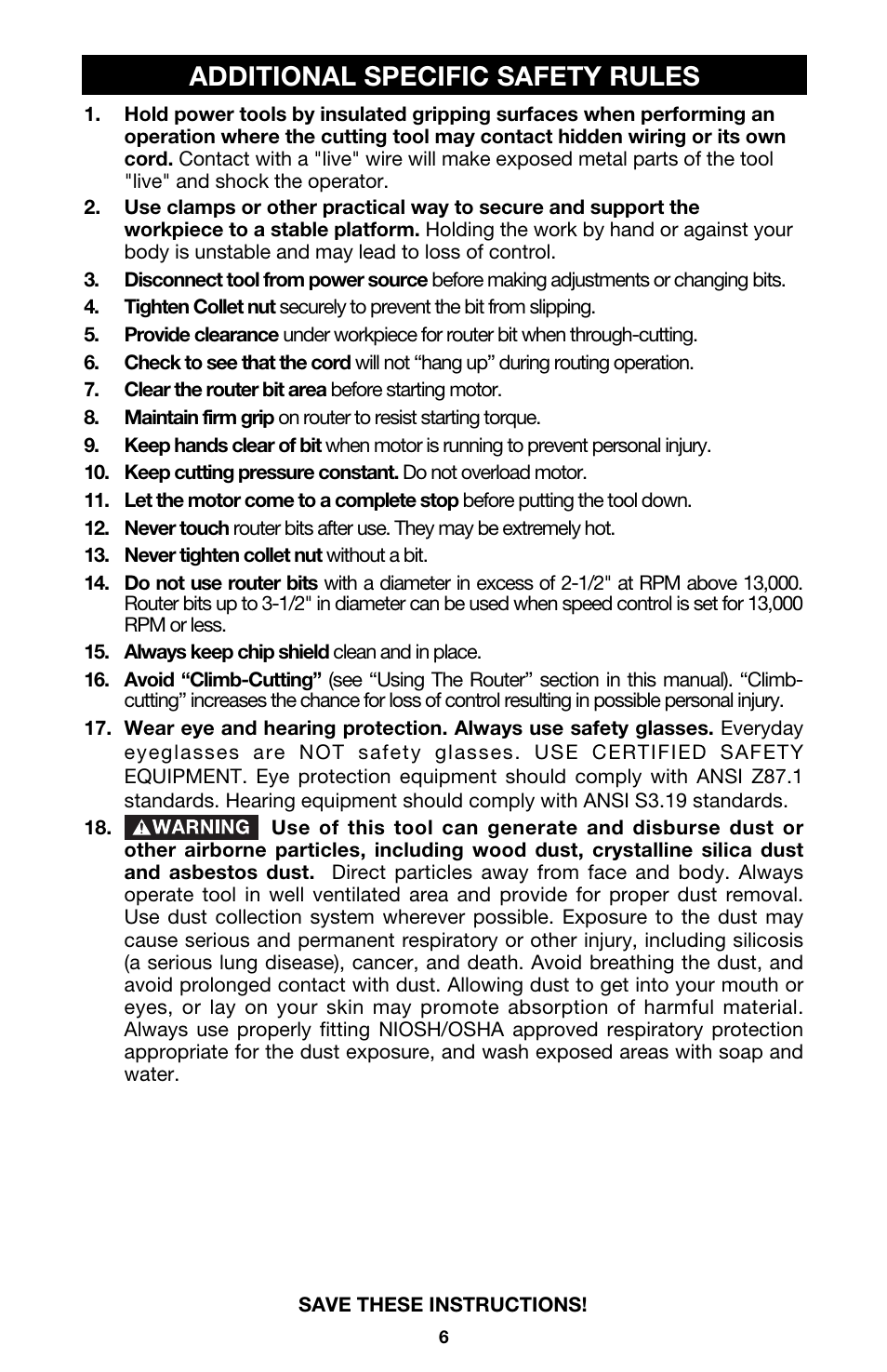 Additional specific safety rules | Porter-Cable 891 User Manual | Page 6 / 23