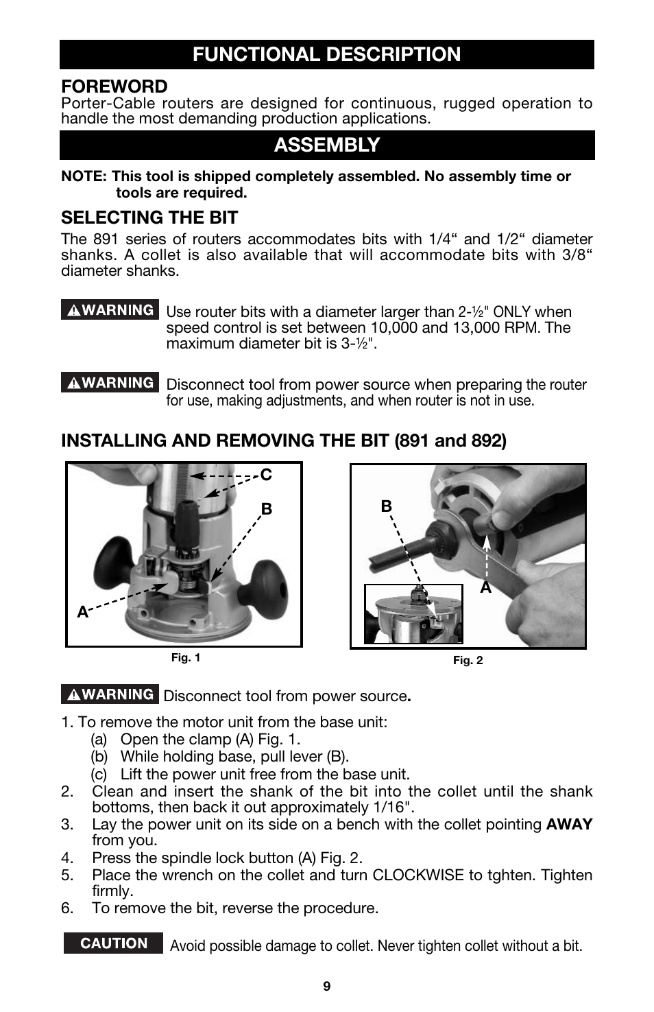 Functional description assembly, Foreword, Selecting the bit | Porter-Cable 891 User Manual | Page 9 / 23