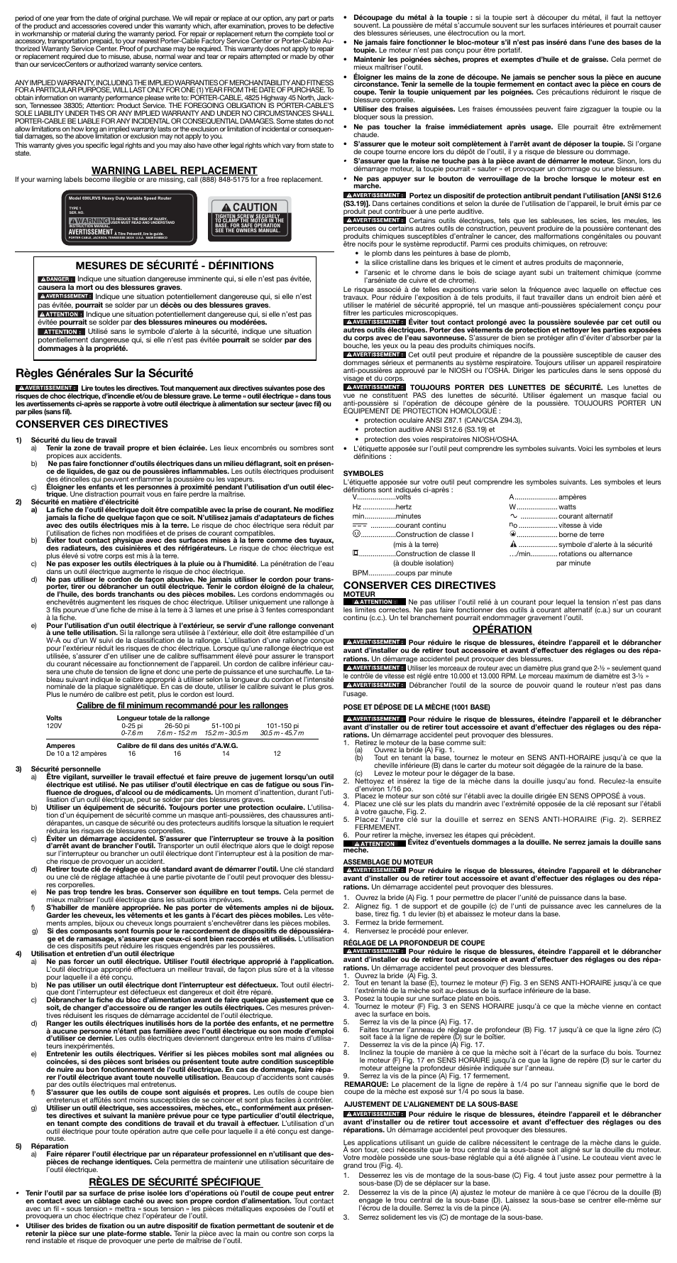 Règles générales sur la sécurité, Caution, Warning label replacement | Mesures de sécurité - définitions, Conserver ces directives, Règles de sécurité spécifique, Opération | Porter-Cable A22440 User Manual | Page 3 / 6