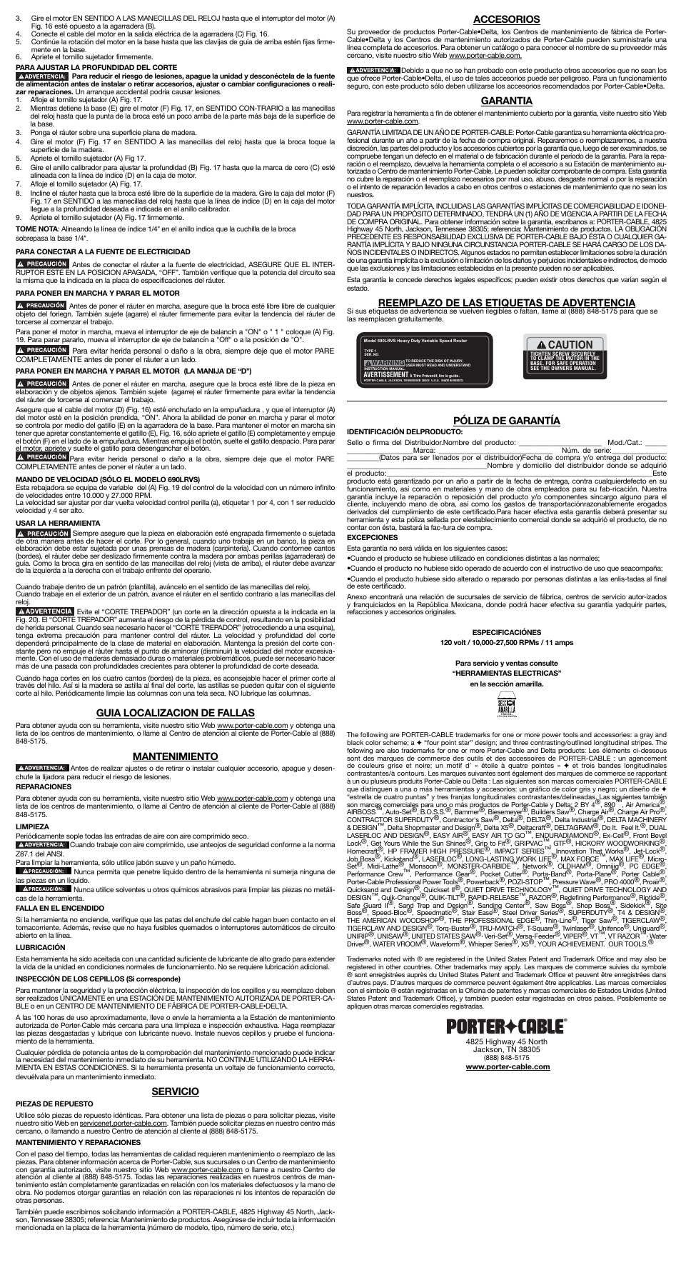 Caution, Guia localizacion de fallas, Mantenimiento | Servicio, Accesorios, Garantia, Reemplazo de las etiquetas de advertencia, Póliza de garantía | Porter-Cable A22440 User Manual | Page 6 / 6