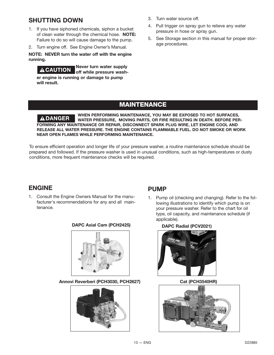 Shutting down, Maintenance, Engine | Pump | Porter-Cable PCH2425 User Manual | Page 13 / 20