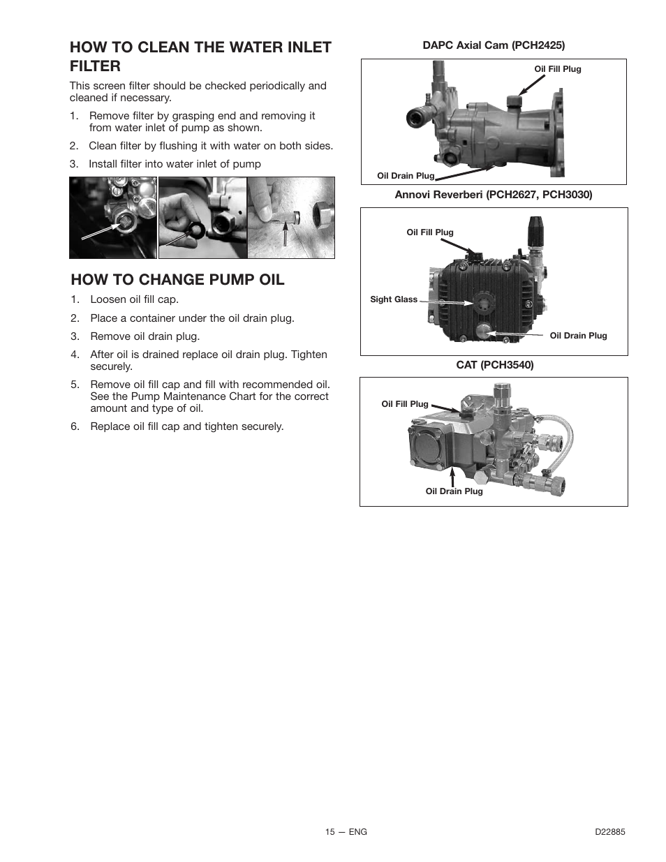 How to change pump oil, How to clean the water inlet filter | Porter-Cable PCH2425 User Manual | Page 15 / 20