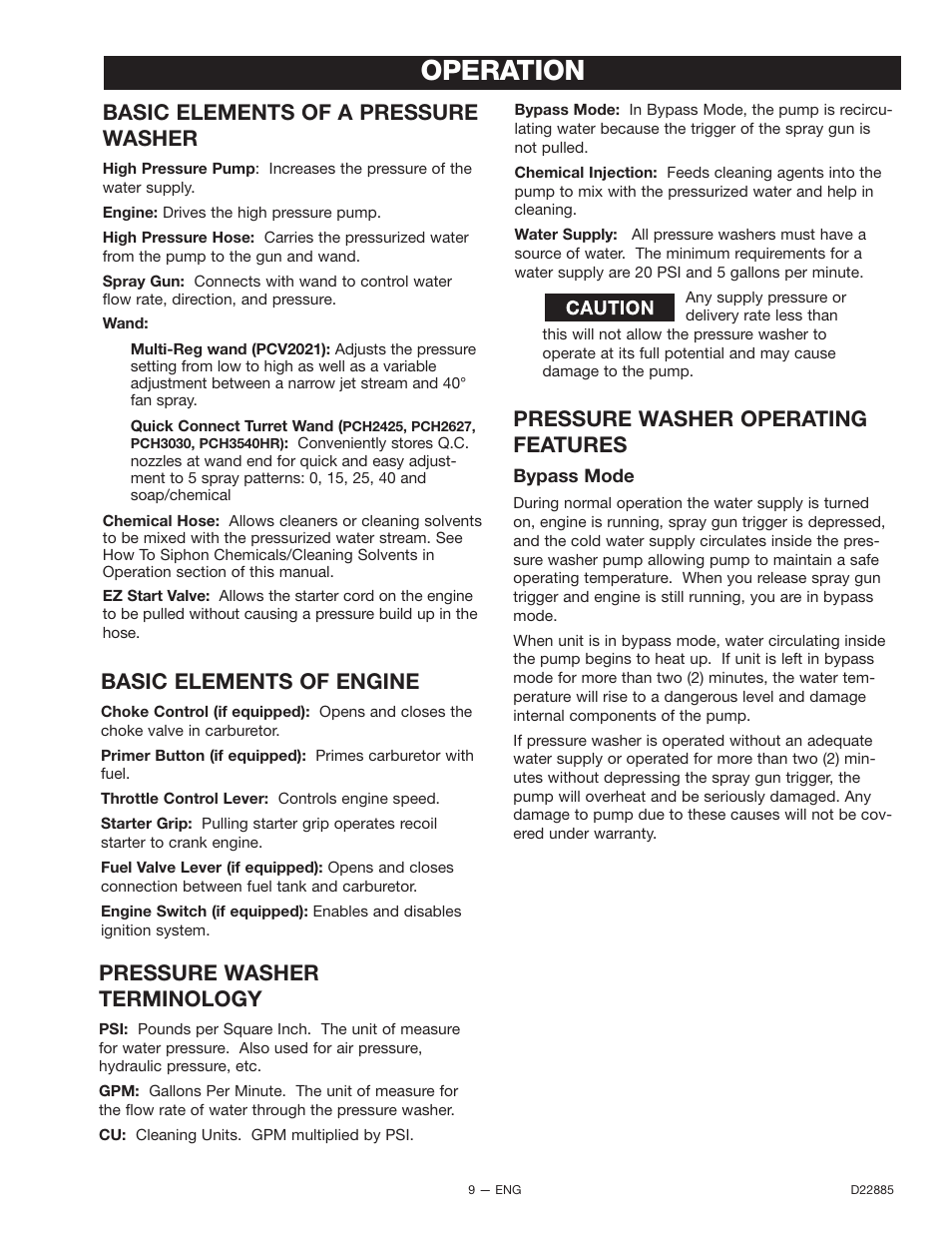 Operation, Basic elements of a pressure washer, Pressure washer terminology | Pressure washer operating features, Basic elements of engine | Porter-Cable PCH2425 User Manual | Page 9 / 20