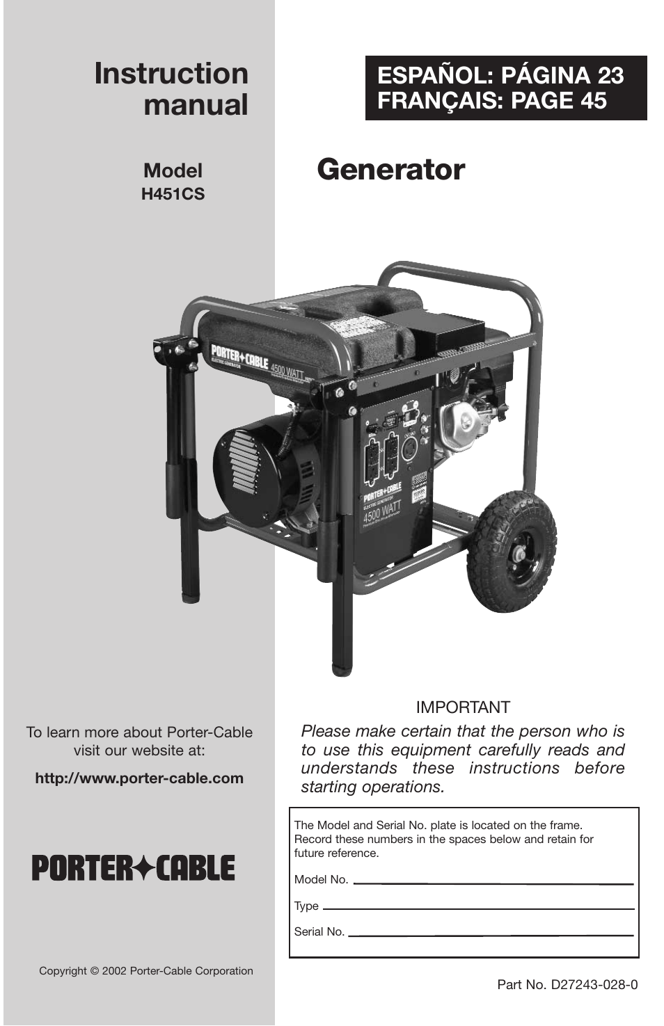 Porter-Cable D27243-028-0 User Manual | 22 pages