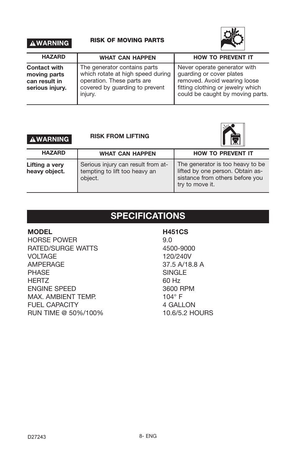 Specifications | Porter-Cable D27243-028-0 User Manual | Page 8 / 22