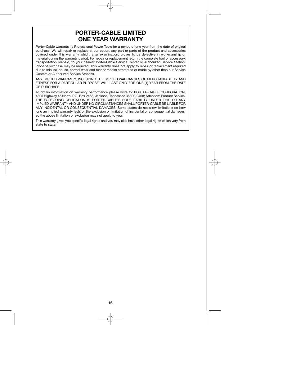 Porter-cable limited one year warranty | Porter-Cable 877 User Manual | Page 16 / 17