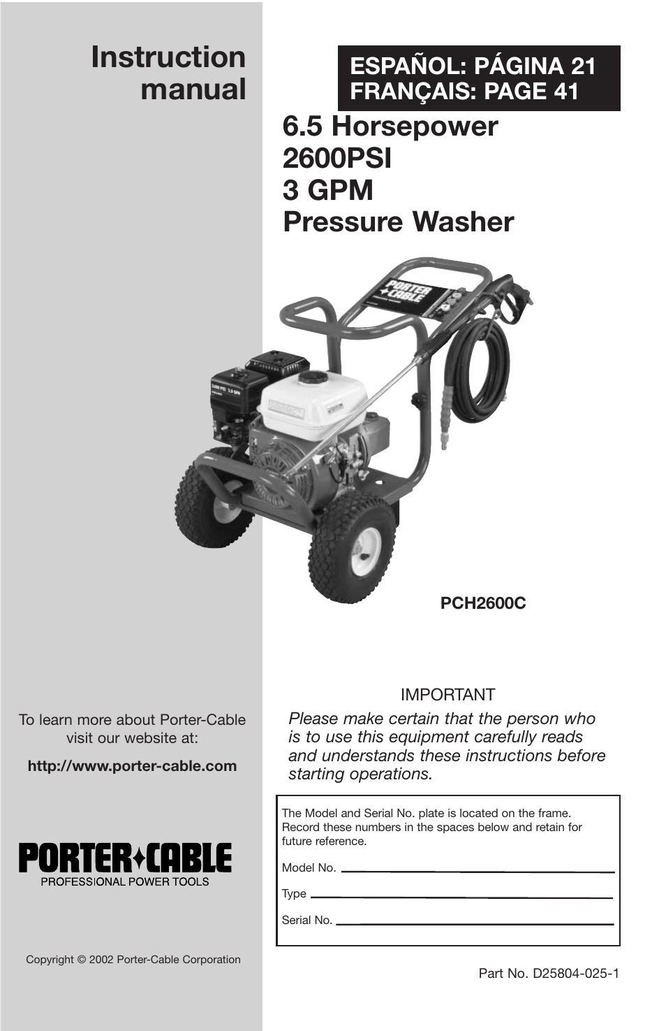 Porter-Cable D25804-025-1 User Manual | 20 pages
