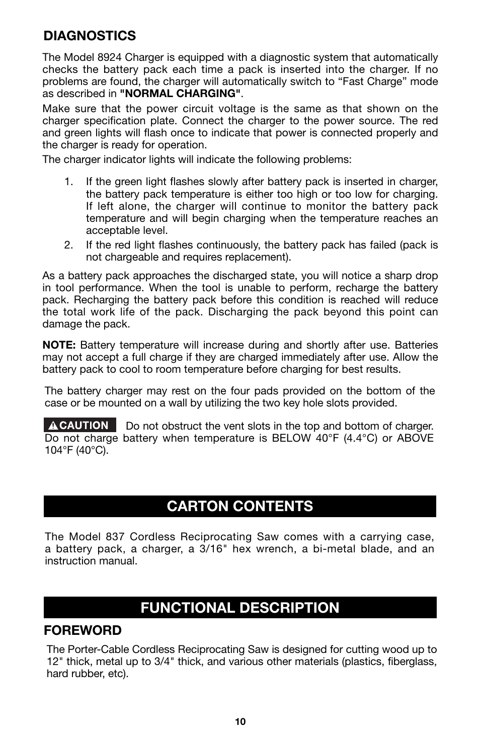 Carton contents, Functional description, Foreword | Diagnostics | Porter-Cable 8823 User Manual | Page 10 / 52