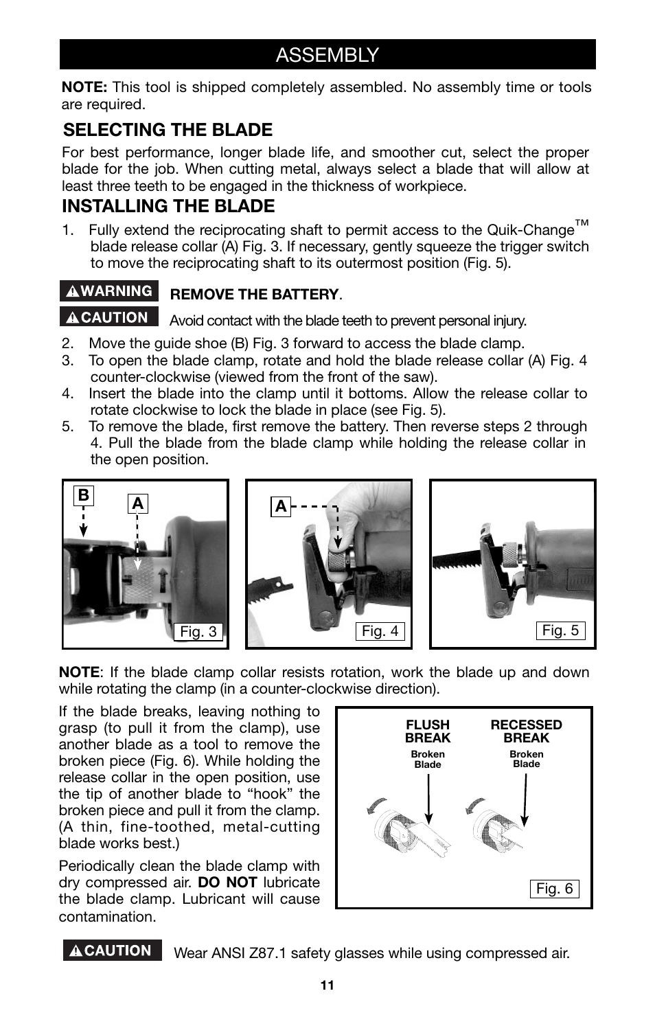 Assembly, Selecting the blade, Installing the blade | Porter-Cable 8823 User Manual | Page 11 / 52