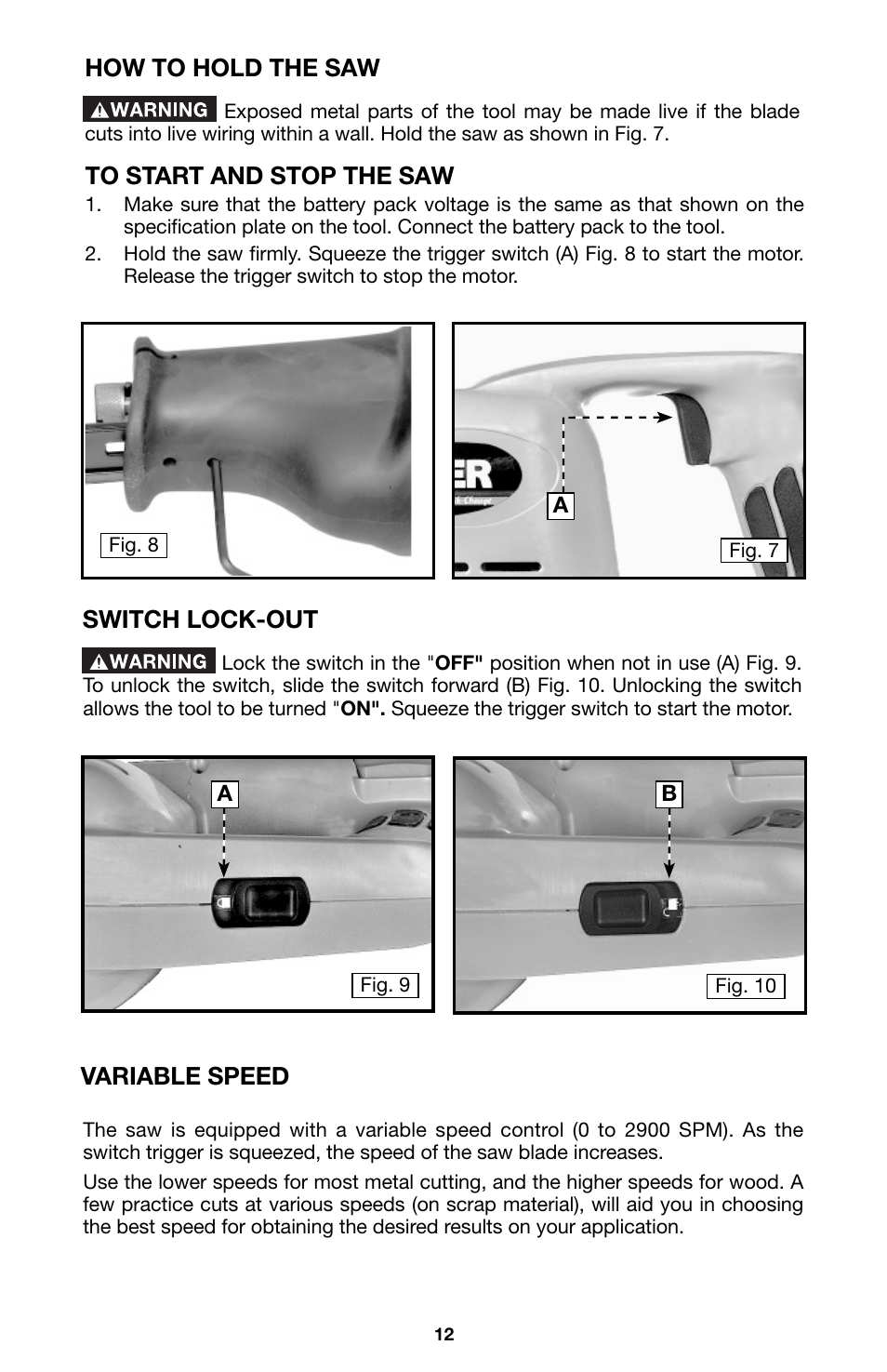 How to hold the saw, Switch lock-out, Variable speed | Porter-Cable 8823 User Manual | Page 12 / 52