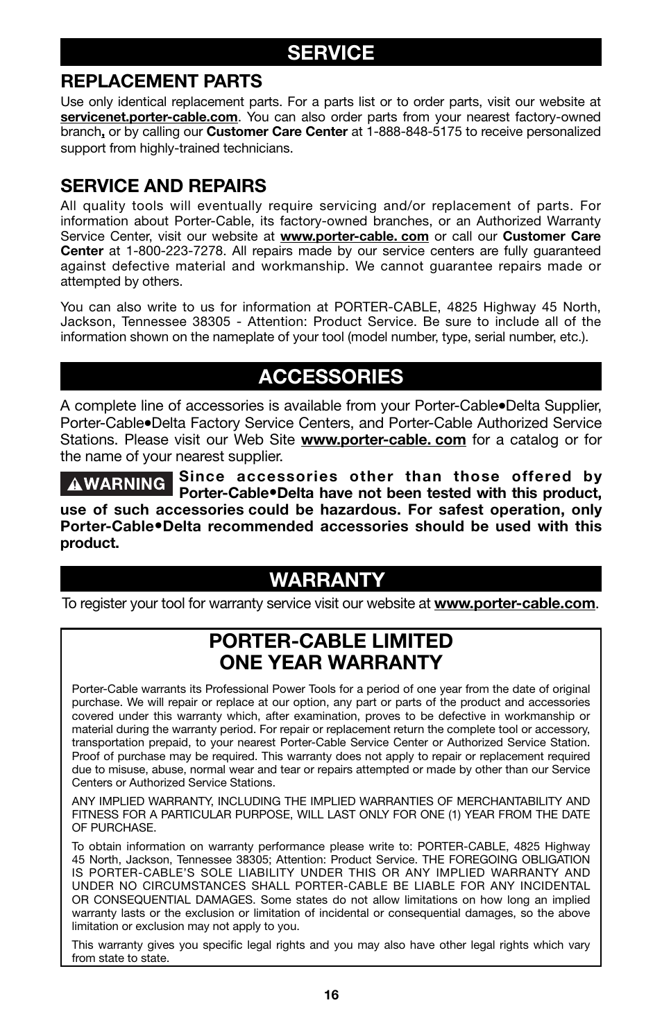 Accessories, Service porter-cable limited one year warranty, Warranty | Replacement parts, Service and repairs | Porter-Cable 8823 User Manual | Page 16 / 52