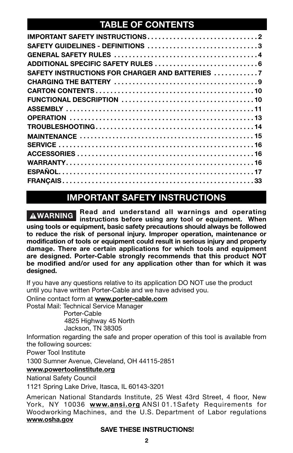 Table of contents important safety instructions | Porter-Cable 8823 User Manual | Page 2 / 52