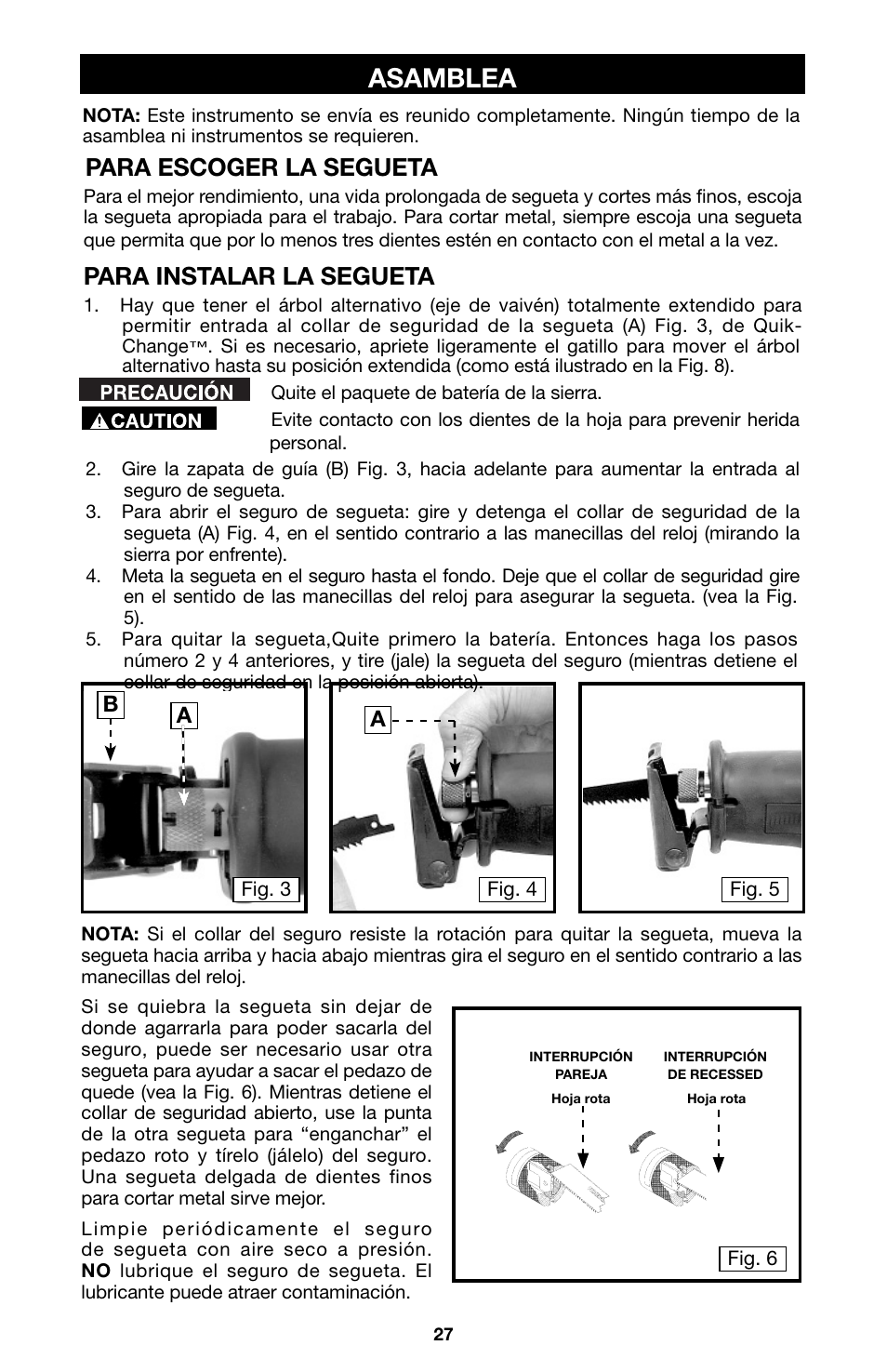 Asamblea, Para escoger la segueta, Para instalar la segueta | Porter-Cable 8823 User Manual | Page 27 / 52