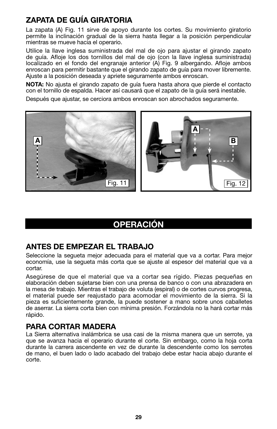 Operación, Para cortar madera | Porter-Cable 8823 User Manual | Page 29 / 52