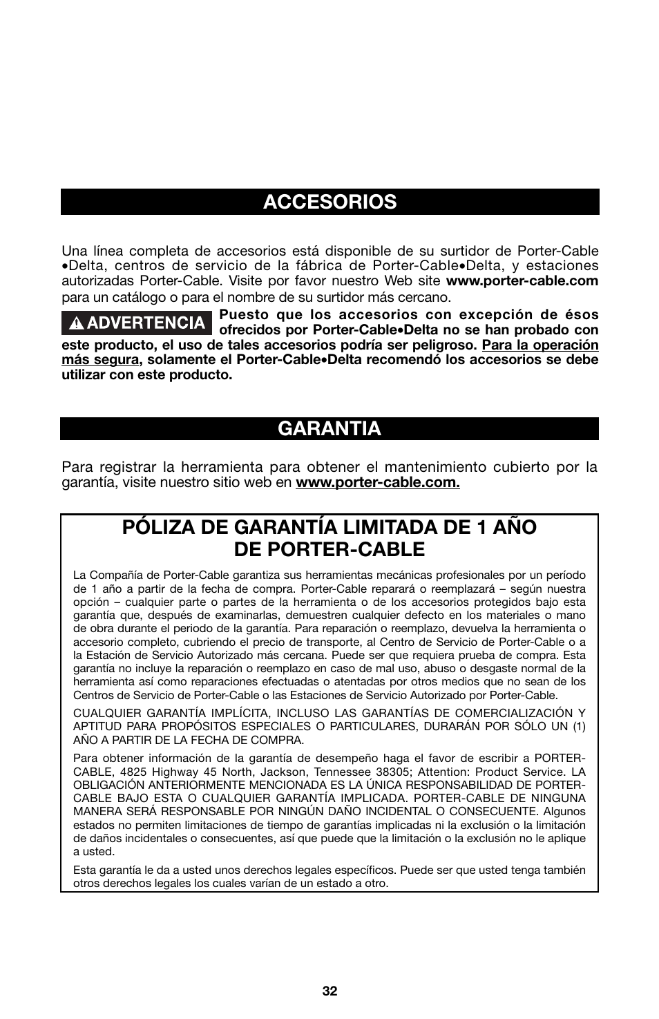 Accesorios garantia | Porter-Cable 8823 User Manual | Page 32 / 52