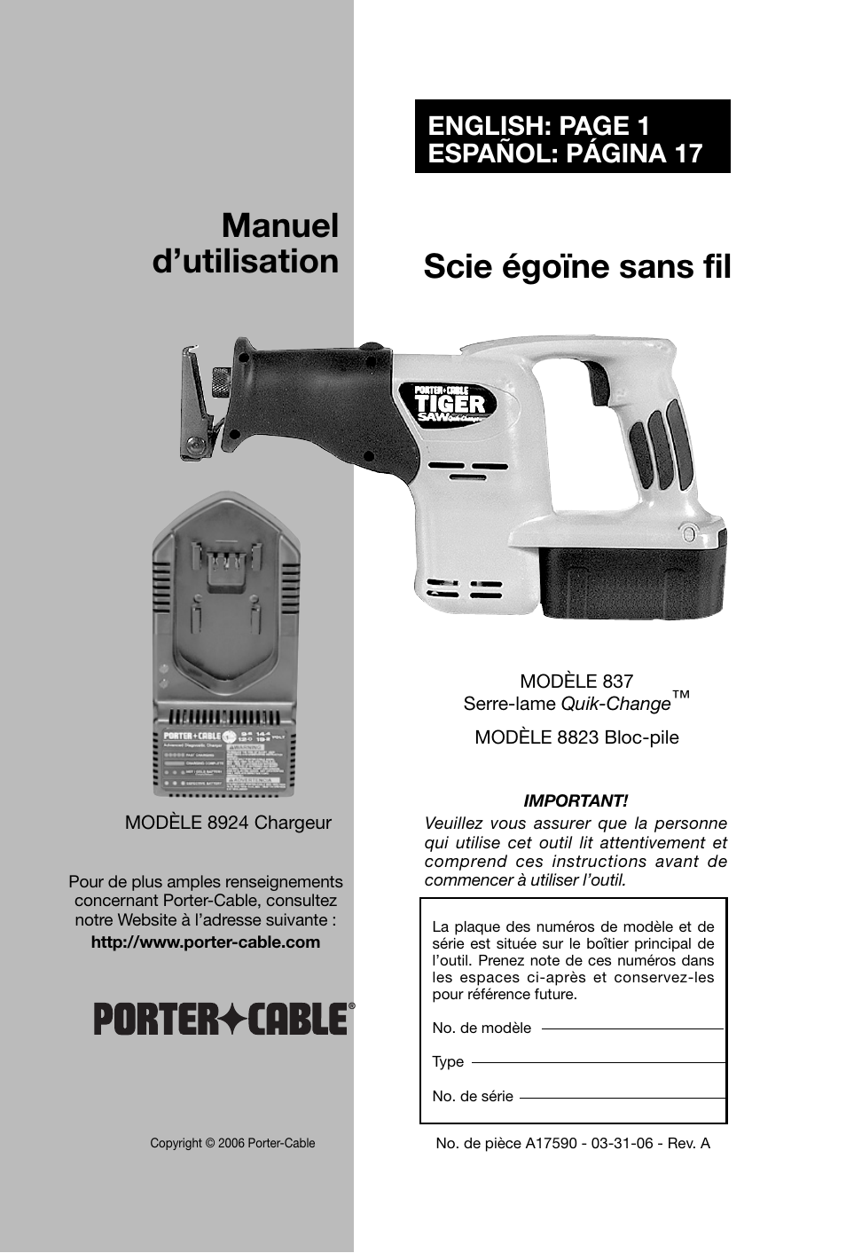 Manuel d’utilisation, Scie égoïne sans fil, English: page 1 español: página 17 | Porter-Cable 8823 User Manual | Page 33 / 52